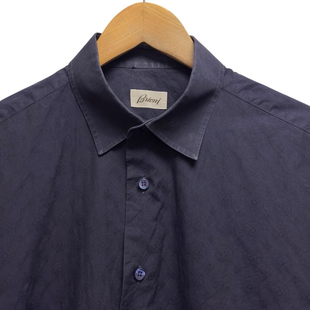 Brioni Mens Size III (Large) Navy Blue Geometric Jacquard Cotton Shirt Italy euc